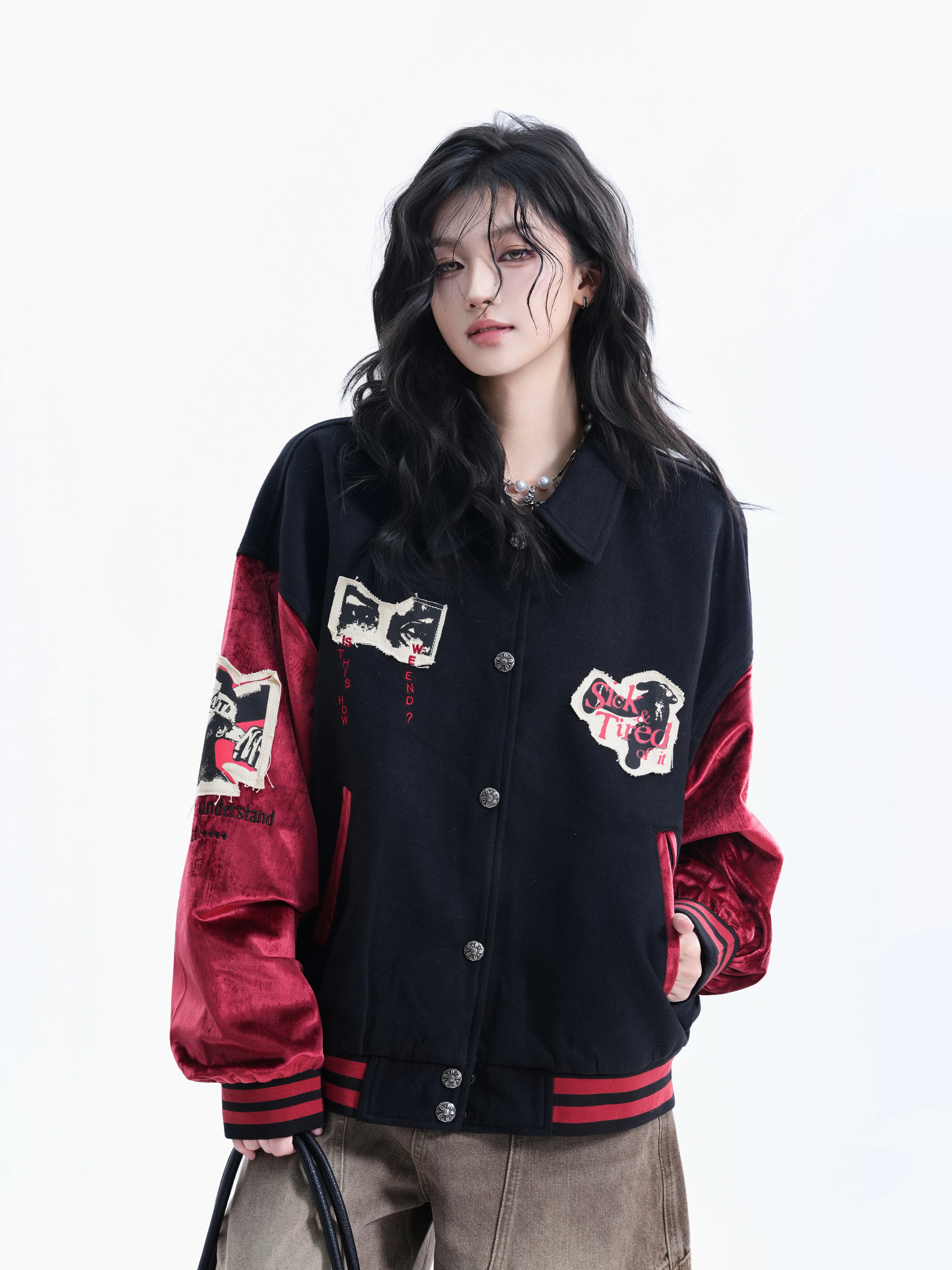 

Loose American Style Color Block Patchwork Jacket Women's Baseball Shirt Couple's Trendy Top Double Layer Collar Cotton 100%