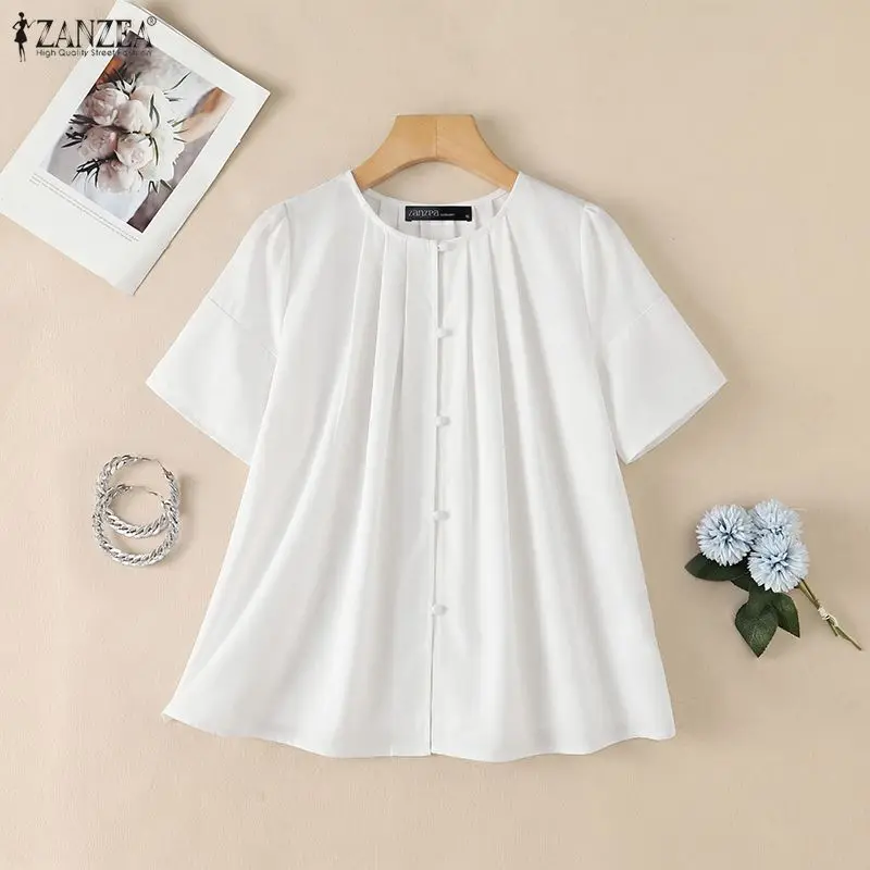 ZANZEA Summer Woman Pleated Blouses O-Neck Puff Short Sleeves Solid Button Up Shirts Korean Fashion Casual Daily Wear Blusas 3XL