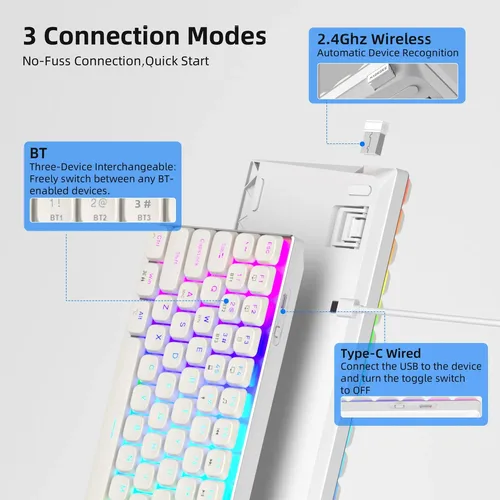 Imagen 2 del producto Teclado mecánico inalámbrico RGB Moon84 modo Triple 2,4 GHz/Bluetooth/USB-C teclado blanco de oficina con cable para PC/portátil