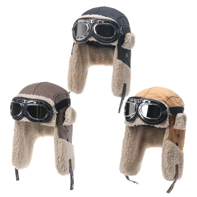 Winter Trapper Hat Unisex Men Women Russian Hat Trapper Bomber Warm Trooper Ear Flaps Ski Hat Headwear Bonnet With Goggles