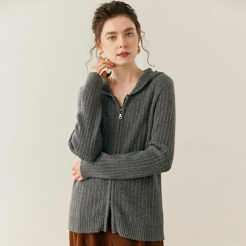 

Женский 100% кашемировый кардиган, свитер, толстый трикотаж на молнии с капюшоном, повседневный топ, осень-зима, модная кашемировая одежда с длинными рукавами