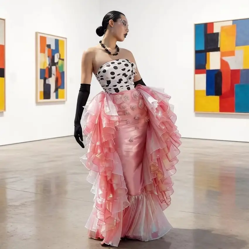 

Women High Waisted Midi Skirt Asymmetric Tulle Ruffle Layered with 3D Flower Pearl Embellishment Pink Mermaid Party Evening Gown