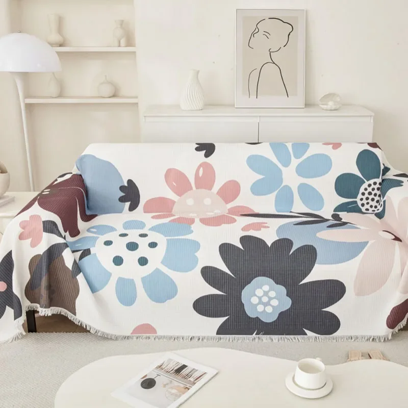 Soft Simple Printed Sofa Towel Skin-Friendly All-Inclusive Couch Covers with Tassels Anti-Scratch Home Textile for Living Room