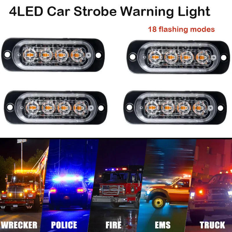 

1pcs 4LED Car Strobe Warning Light Grill Flashing Breakdown Police Beacon Lamp Led Emergency Lamp 24V 12V for Truck Yellow White