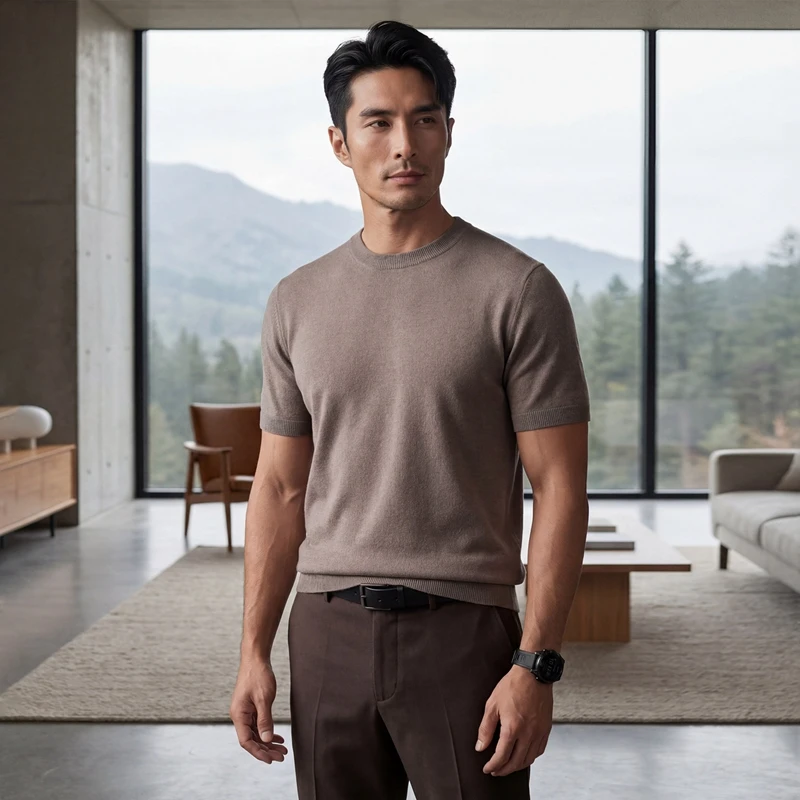 High quality men's 100% pure cashmere T-shirt, business casual knitted sweater, short sleeved round neck Tees18 needle spun Tops