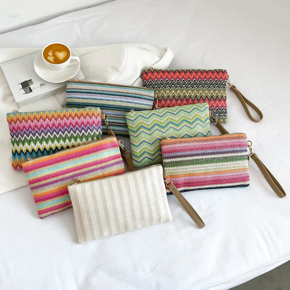 Straw Woven Wallet Colourful Hand-woven Straw Bag Handmade Vintage Portable Simple Vacation Envelope Bag Summer Beach Clutch Bag