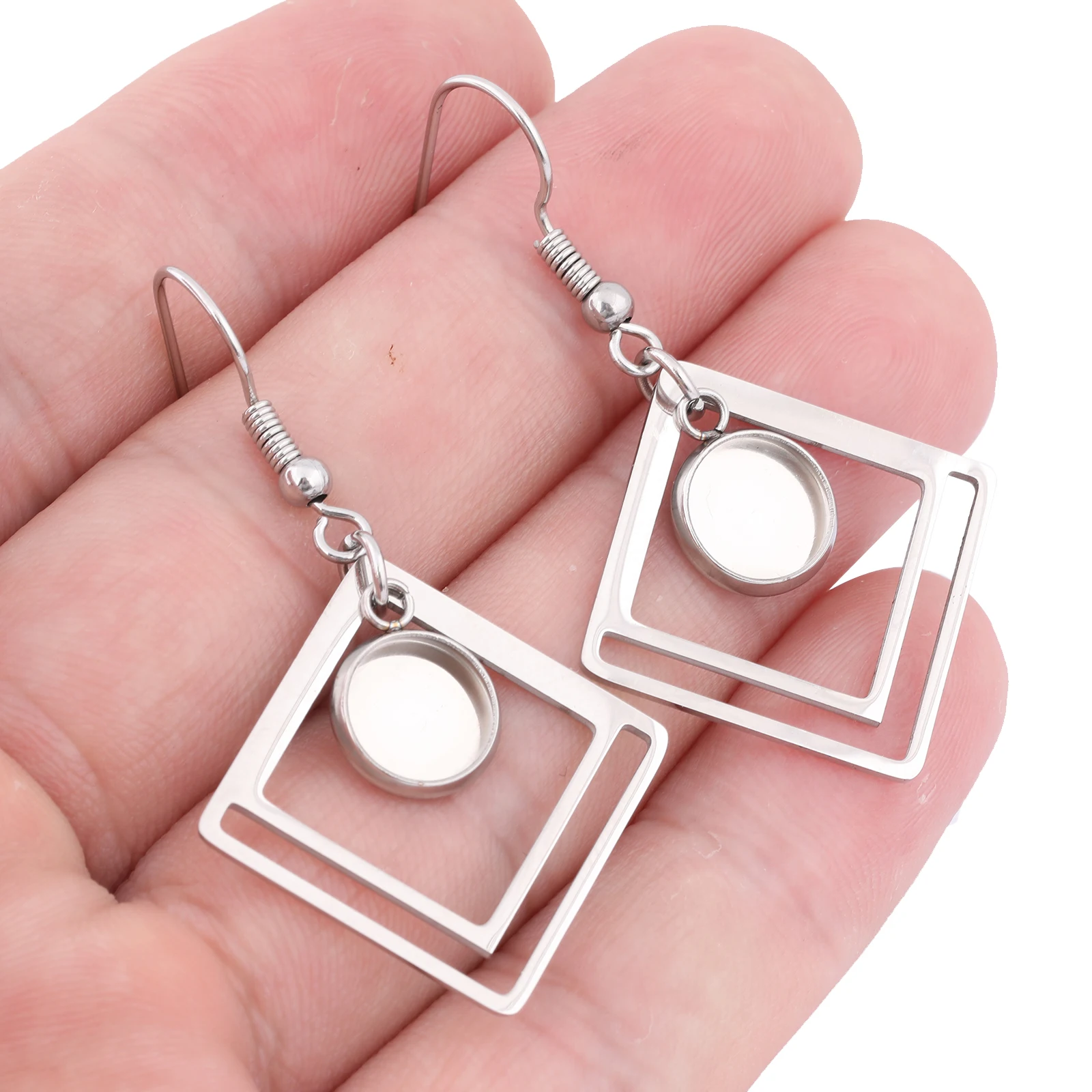 10pcs Stainless Steel Double Square Hoop Earring Base Blanks Fit 10mm Cabochon Earrings Bezel Setting Trays Diy Hooks Findings