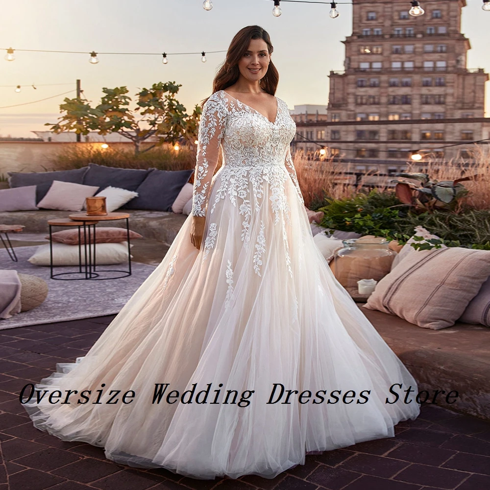 

2025 Plus Size Wedding Dresses with Lace Full Sleeve Oversize Bridal Gowns for Women 2024 Summer Soft Tulle Vestidos De Novia