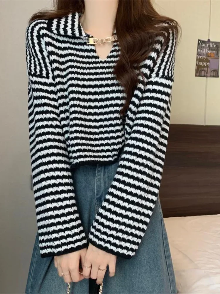 Jersey corto holgado de manga larga con cuello vuelto, Jersey informal de moda dulce, prendas de punto de viento para Otoño e Invierno 2025