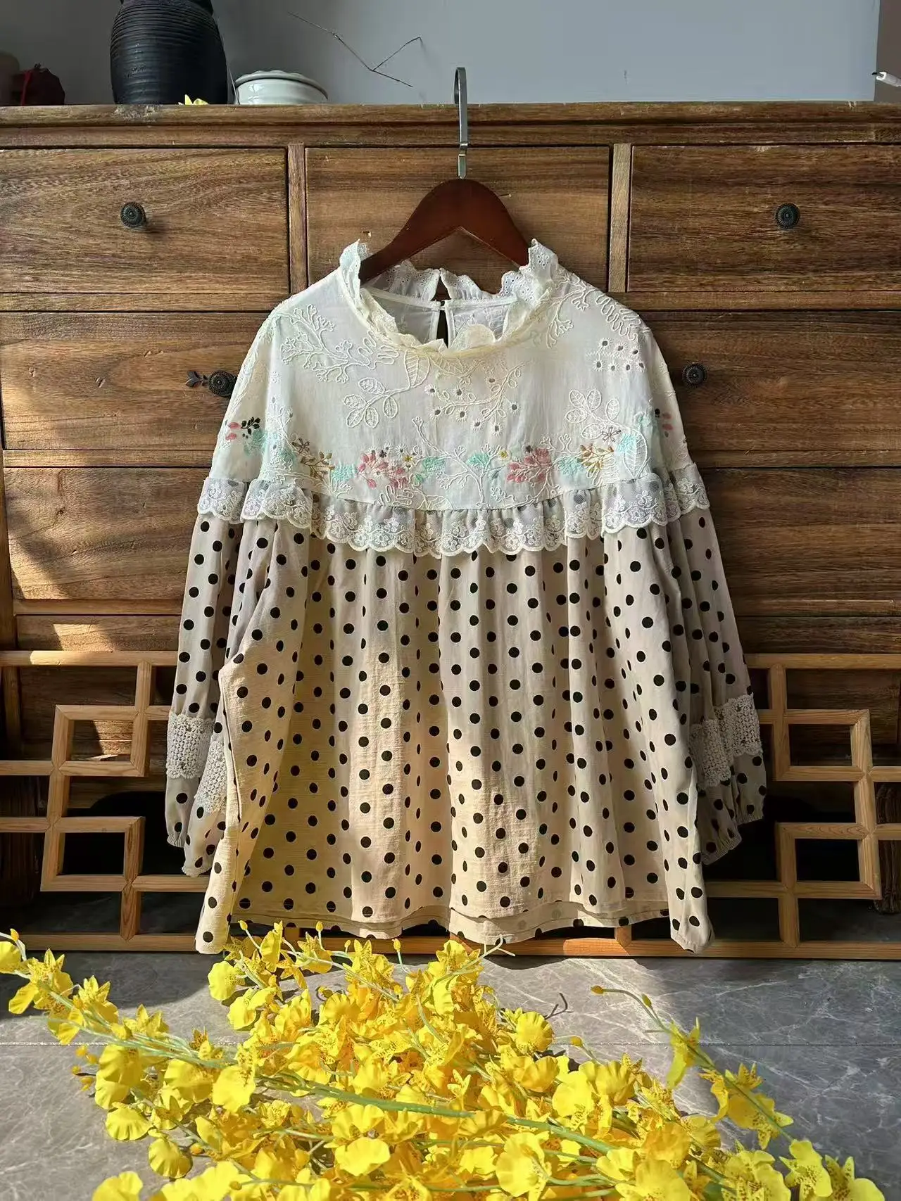 

Vintage Polka Dots Lace Patchwork Shirts Mori Girl Stand Collar Vintage Cotton Embroidery Long Sleeve Shirt Mori Kei Clothing