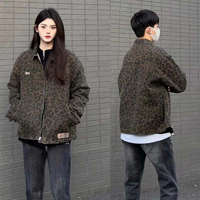 

Leopard Print Denim Jackets Women Korean Trendy Turn Down Collar Vintage Coats Couple Autumn Cool Girl Street All-match Unisex
