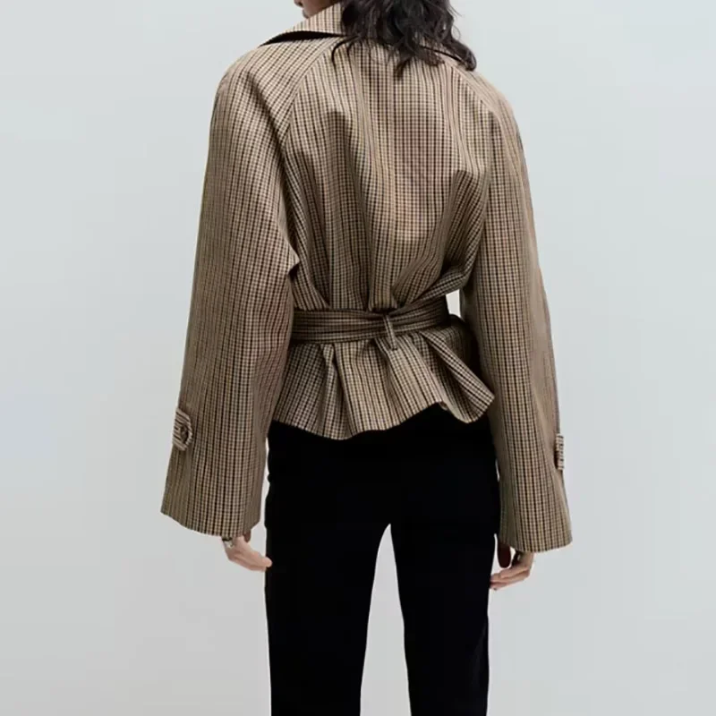 Damen-Kurz-Trenchcoat mit Karomuster, Revers, doppelreihiger Knopfleiste, Gürtel, langen Ärmeln, kurzer Windbreaker, lässige Oberbekleidung, Jacke – Detail 4