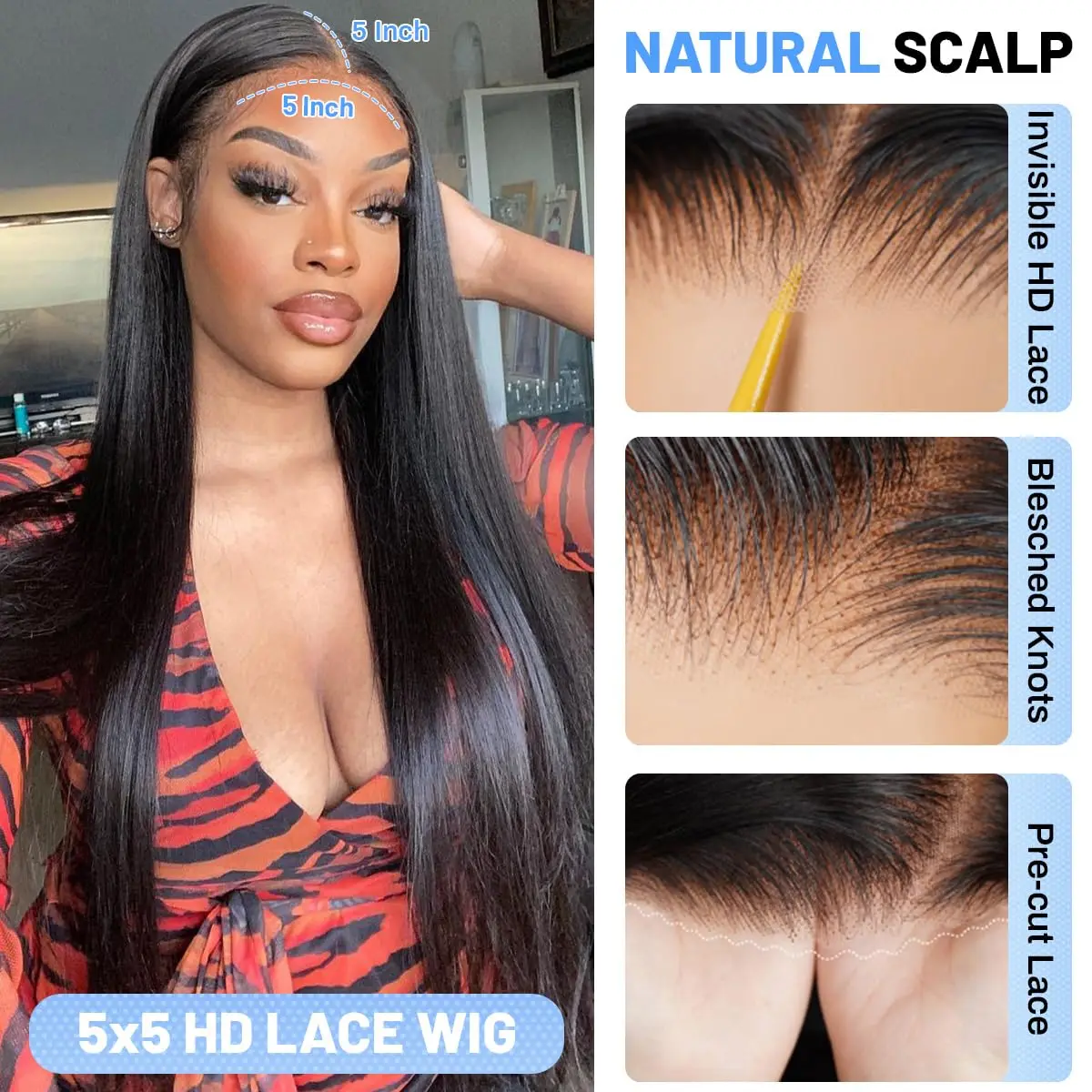 Wear And Go 5x5 Straight Glueless Wig Bone Straight Brazilian Human Hair Ready To Wear Pre Cut Lace Front Closure Wigs for Women