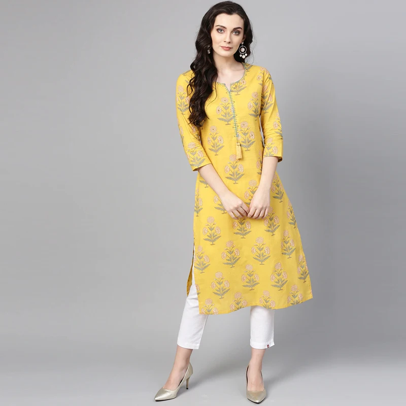 

Women's Handmade Cotton Printing Casual Yoga Top Yellow Long Split irt Ethnic Sle Upper Body Faion Summer Collection