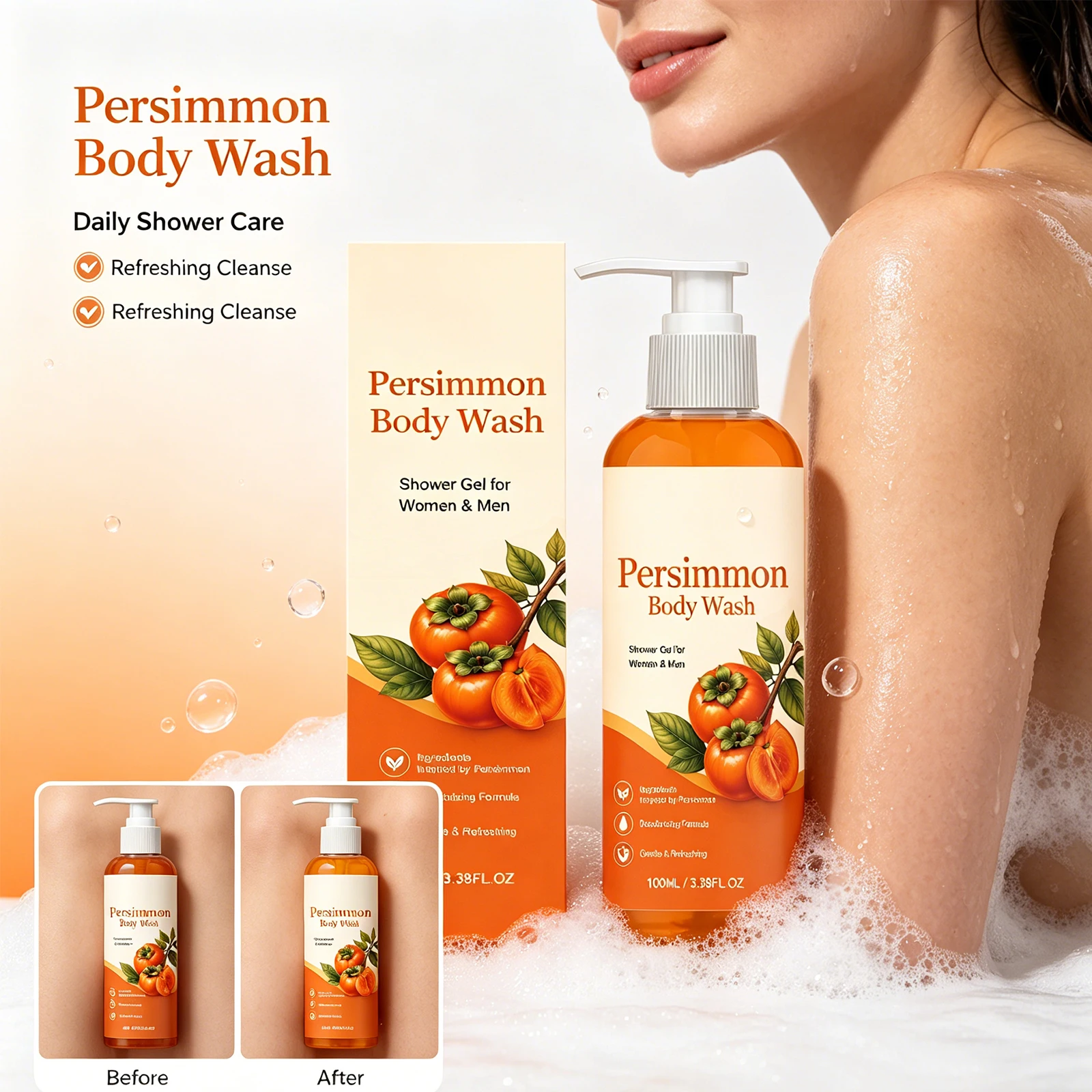 Persimmon Fresh Body Wash Refreshing Cleansing Exfoliating Hydrating Smooth Skin Lasting Fragrance Odor Control Shower Gel 100ml