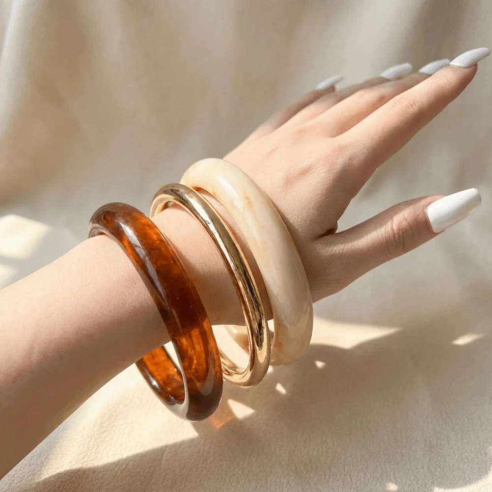 3Pcs/Set Vintage Resin Bracelet Set Geometric Round Stackable Bangle Transparent Metallic Texture Chunky Thin Bangles For Women