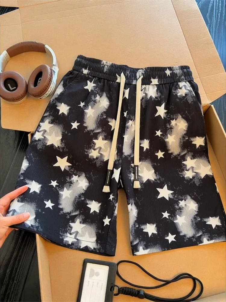 Tie-Dye Print Star Shorts Ice Silk Drawstring Quick Dry Breathable Summer Beach Casual Pants Loose Fit Straight Leg Jeans