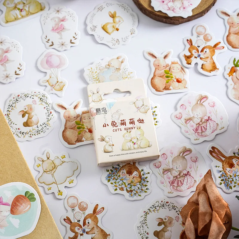 46Pcs/Box Kawaii Rabbit Sketchbook Sticker Aesthetic Diary Decoration Scrapbooking Children's Stationery School Supplies