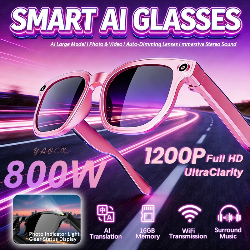 

2026 New 16G Memory 800W HD Camera Smart Glasses Women Photos&Videos AI Translation Auto-Dimming Lenses Surround Music Glasses