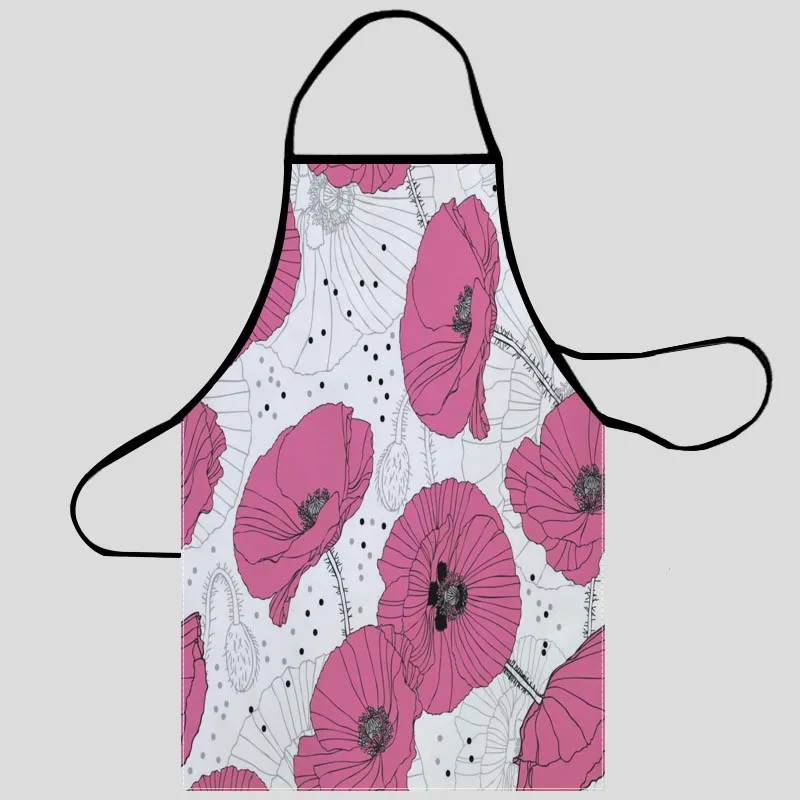 New Classic Poppy Painting Apron Kitchen Aprons For Women Oxford Fabric Cleaning Pinafore Home Cooking Accessories Apron