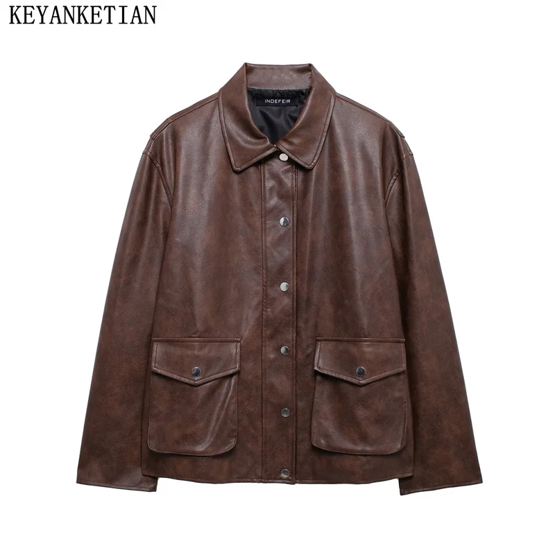 KEYANKETIAN 2024 Autumn New Women's Synthetic Leather Shirt Jacket Unisex style Dark brown Single Breasted Loose Short Blazer