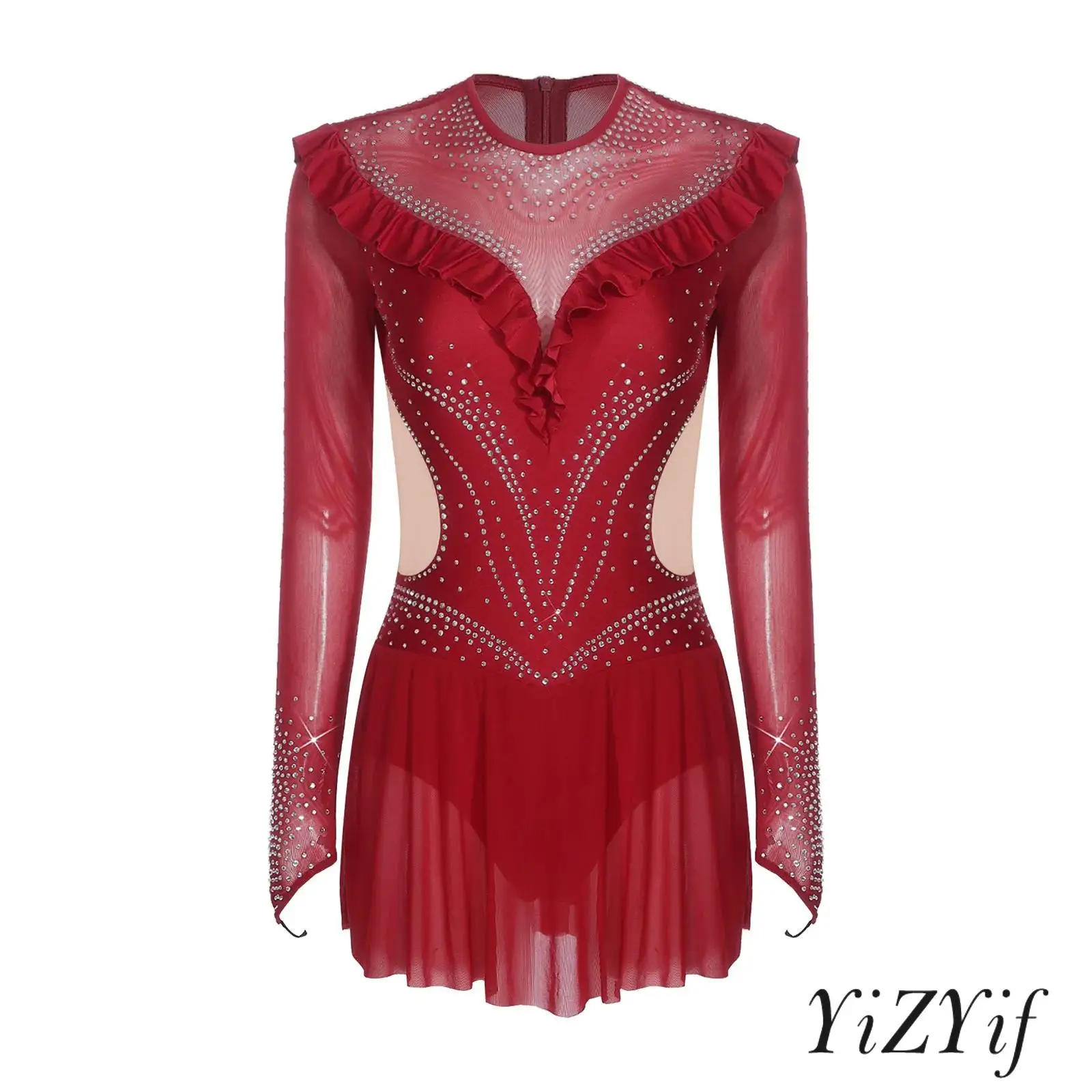 

Women Latin Performance Dance Bodysuit Dress Mesh Ruffled Trims Long Sleeve Leotard Jumpsuit Gymnastics Lyrical Dance Clothing