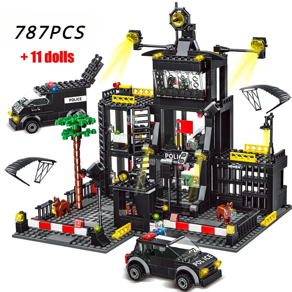 SWAT Police Station Military City Model Set Prison Car Policeman Boat Figures Model Building Blocks DIY Toy for Kids Boys Gifts