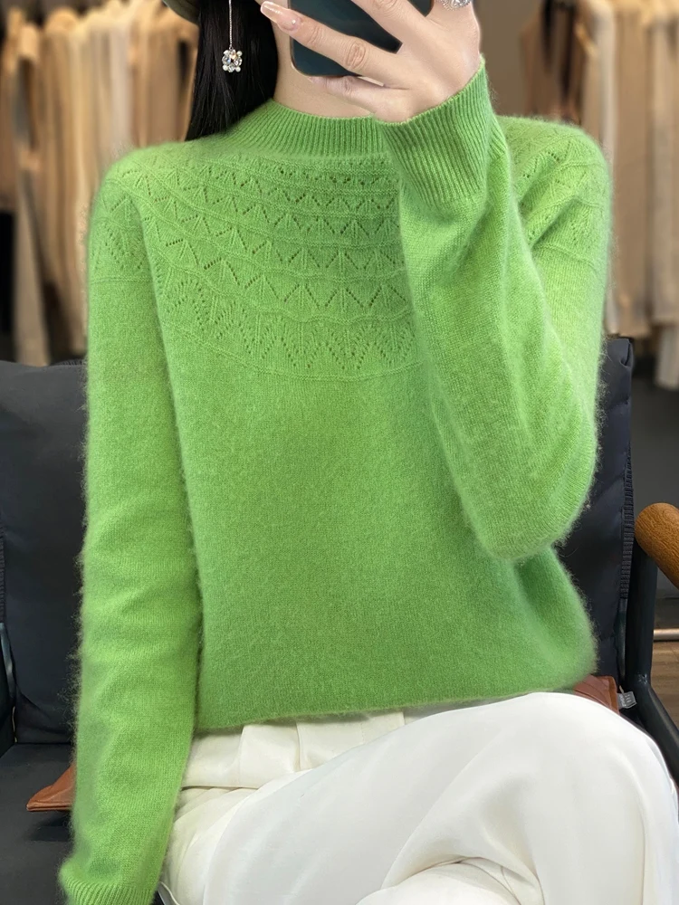 Autumn And Winter New Women\'s Hollow Knit Woolen Sweater Half High Neck Loose Jumper Long Sleeve Bottom Shirt - ZD904