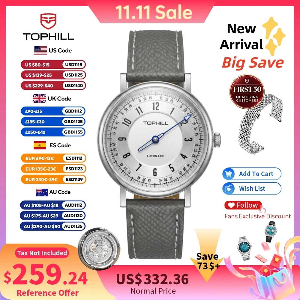 TOPHILL+ Watches Automatic 40mm Miyota 9039 One-Hand Watch For Men Mechanical Business Single Pointer Arabic Numerals KIM002G