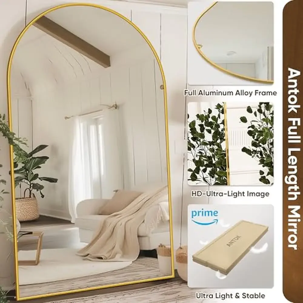 Specchio completo ad arco oversize 44"x76" con supporto Specchio da terra grande Cornice leggera in vetro HD multifunzionale