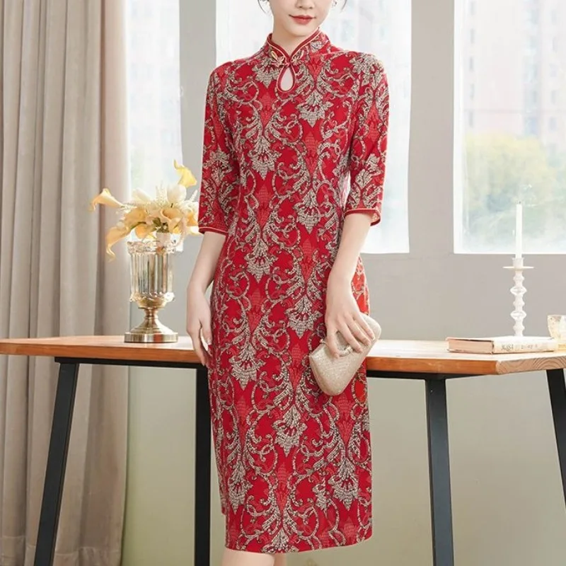 Chinese Style Summer Women's 2024 New Patchwork Stand Collar Printed Fashion Slim Minimalist Comfortable Half Sleeves Dresses