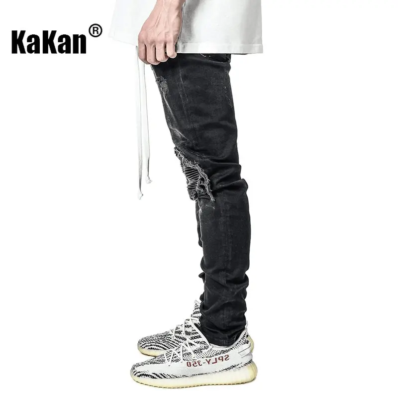 Kakan - Black Men's Slim Jeans with Holes In The Locomotive, New Skinny Jeans K016-2013 Popular In Europe and America