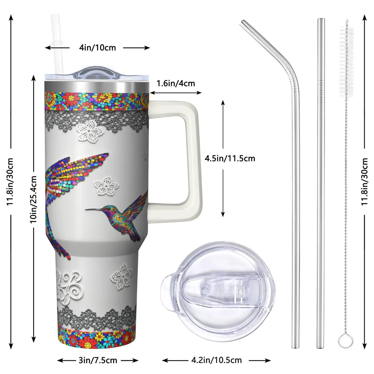 Hummingbird Handle Cup - Straw Set Included, Maximum Capacity 40 Oz, Inner Layer 304 Stainless Steel, Outer Layer 201 Stainless Steel, Seamless Liner, Lid PC Material, Suitable for Home, Office, Outdoor, Sports, Car