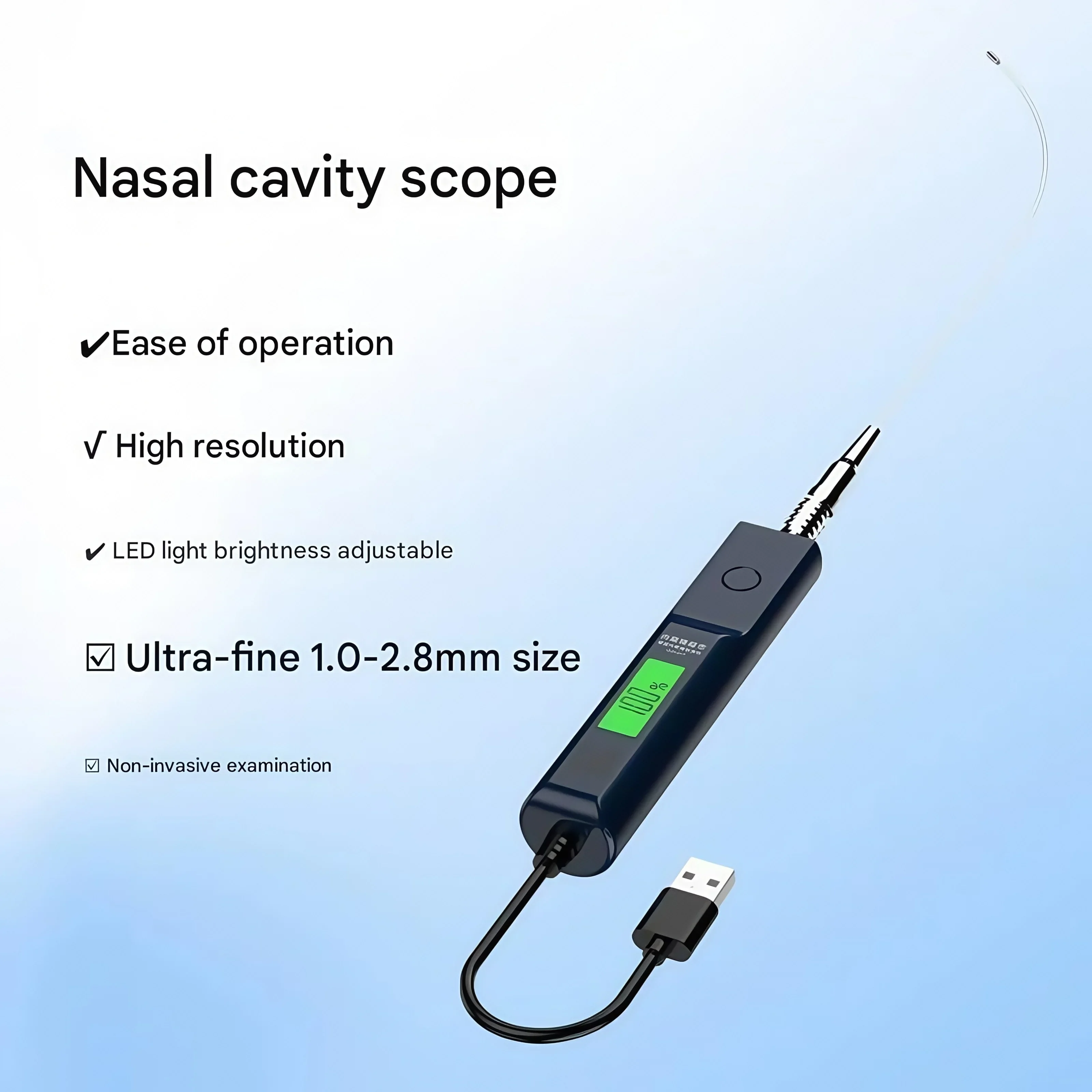 New product USB ultra-thin 1.0mm-2.8mm endoscope handle 5-level adjustable light with display nasal observation mirror
