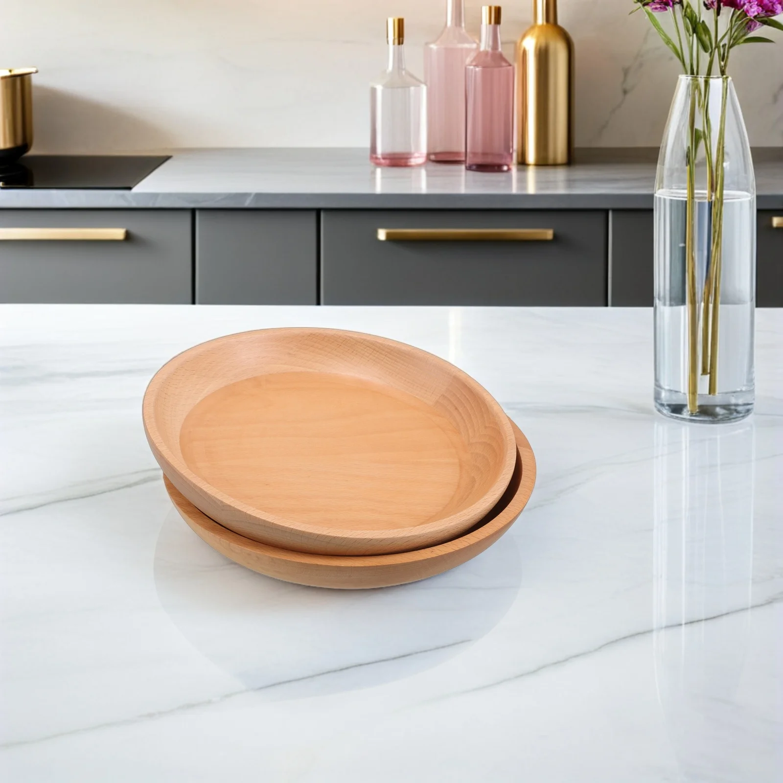 

2 Pcs Round Wooden Dining Tray Fruit Bowl Food Trays for Party Candy Serving Dessert Modern Dishes