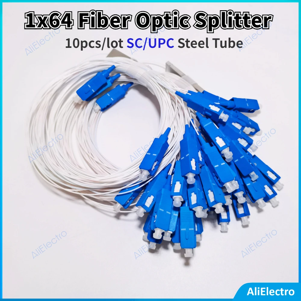 1/2/5pcs/lot 1x64 Fiber Optic PLC Splitter SC/UPC Steel Tube 0.9mm Mini Blockless G657A1 0.9mm 1M SC UPC Connector Free Shipping