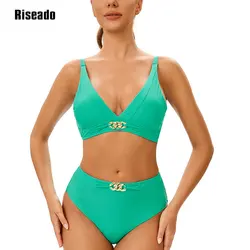 Solid Black High Waist Bikini Sets Swimsuit For Women Sexy V-neck Tank Two Pieces Swimwear