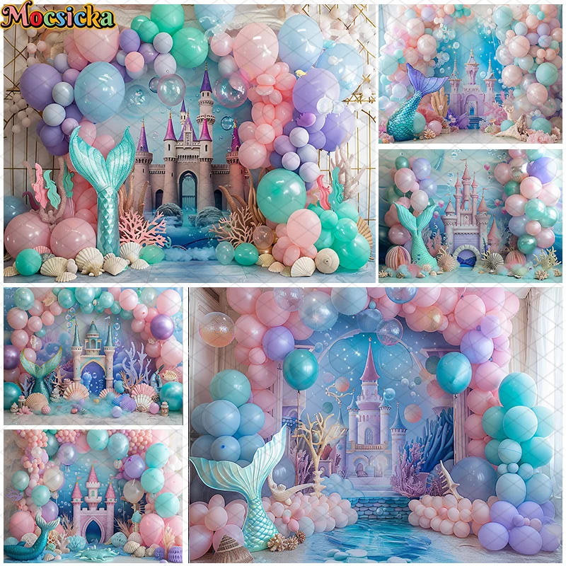 

Mocsicka Photography Background Mermaid Castle Balloon Decor Birthday Party Cake Smash Kids Portrait Backdrop Photo Studio