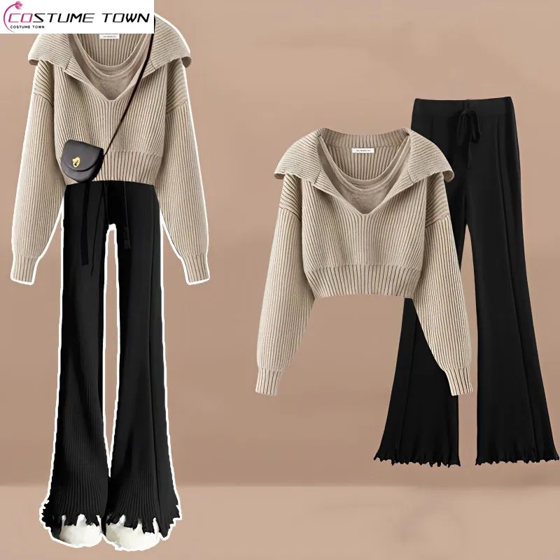 

Oversized Women's Winter Set 2023 New Fashion Age Reducing Sweater Wrapped Waist Slim Wide Leg Pants Three Piece Set