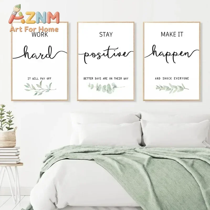 AZNM Inspirational Quote Canvas Wall Art Eucalyptus Botanical Positive Text Frameless Print Poster for Office Bedroom Home Decor