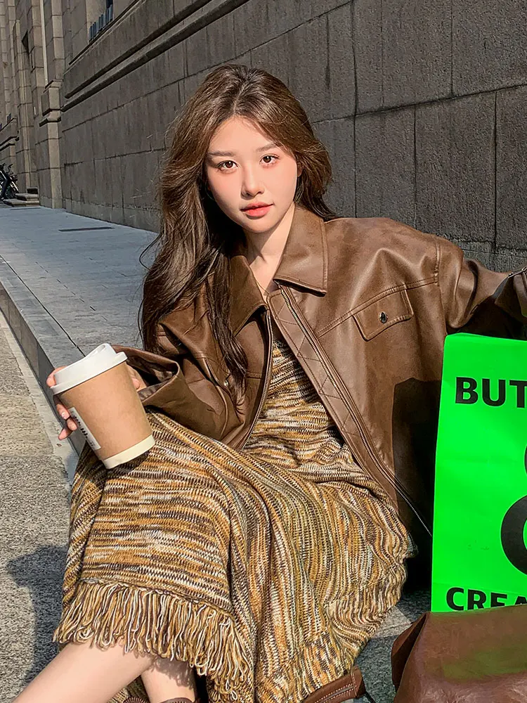 Jaet in pelle PU marrone caffè allentato casual da donna 2025 Primavera Autunno Nuovo Hong Kong Sle Retro High-End Sense Moto Ja...