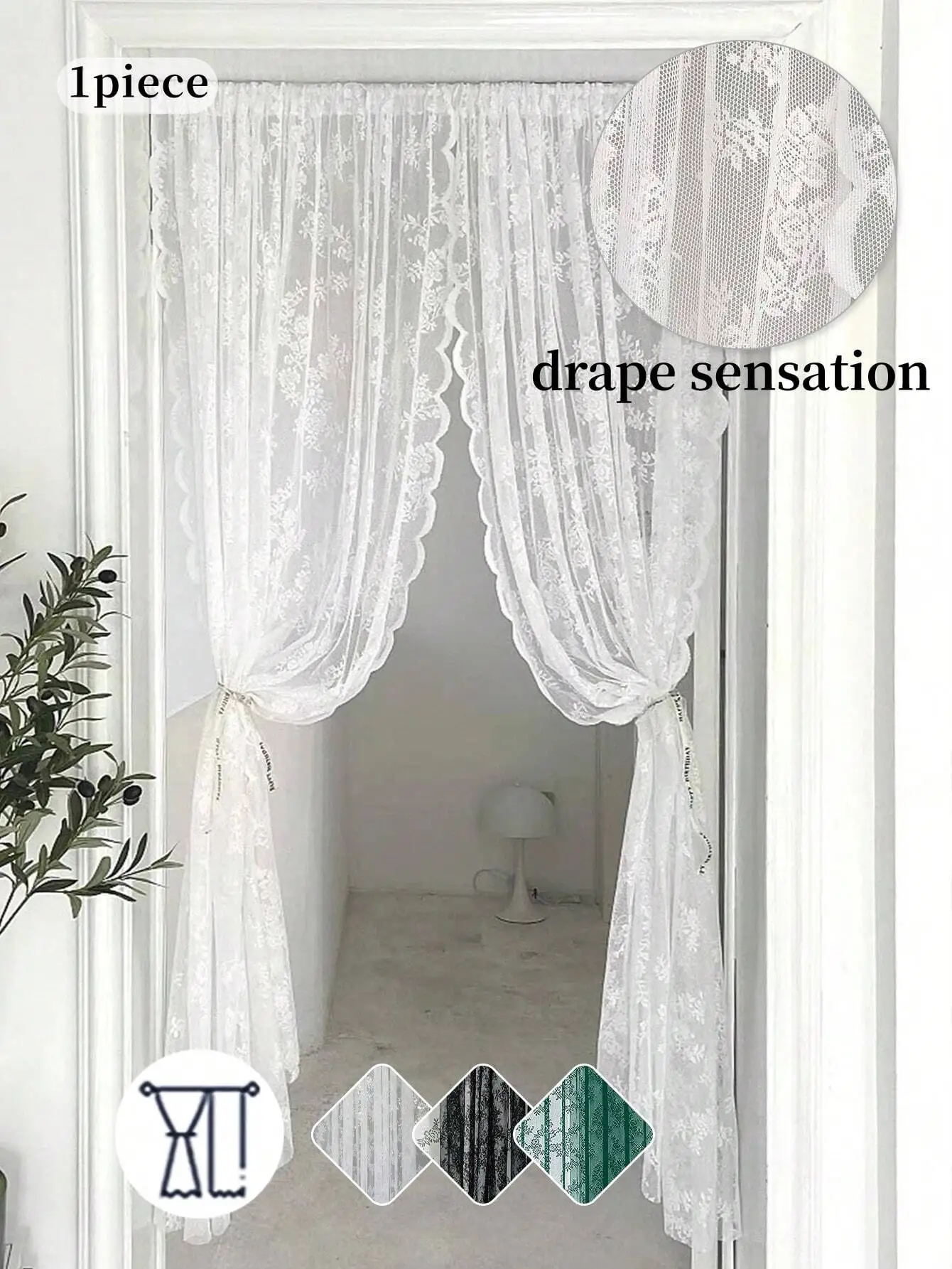 1pc Solid Color Wavy Lace Sheer Curtain, Lightweight Translucent Non-Transparent, Living Room Lace Curtain, Balcony Blackout Window Sheer, Room Divider Curtain, Suitable For Living Room, Bedroom, Balcony And Other Decorative Door Curtains, Back To School