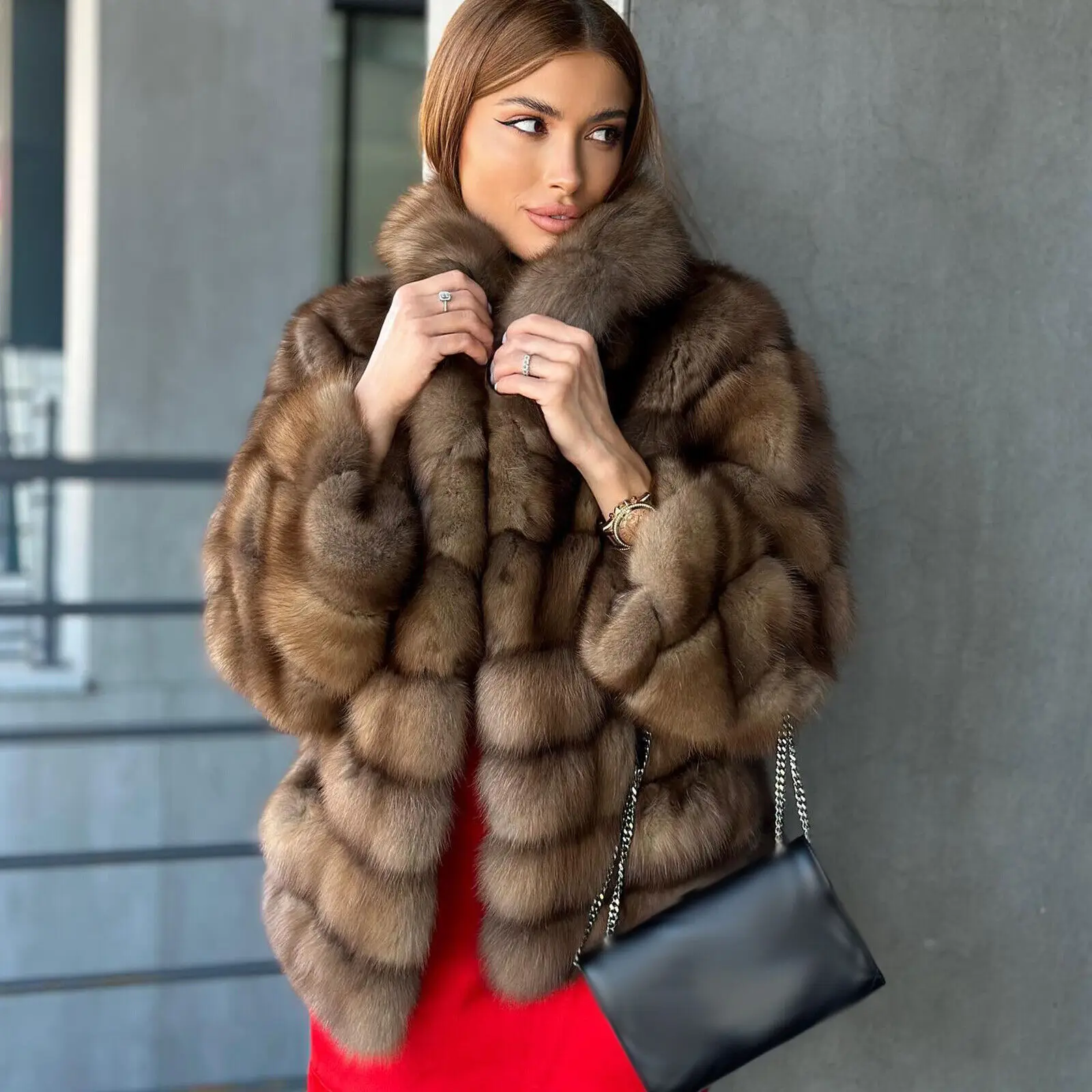 New Elegant Women Real Fox Fur Coat Fashion Mid-Length Natural Fur Thick Outwear Female Winter Genuine Fox Fur Warm Jacket