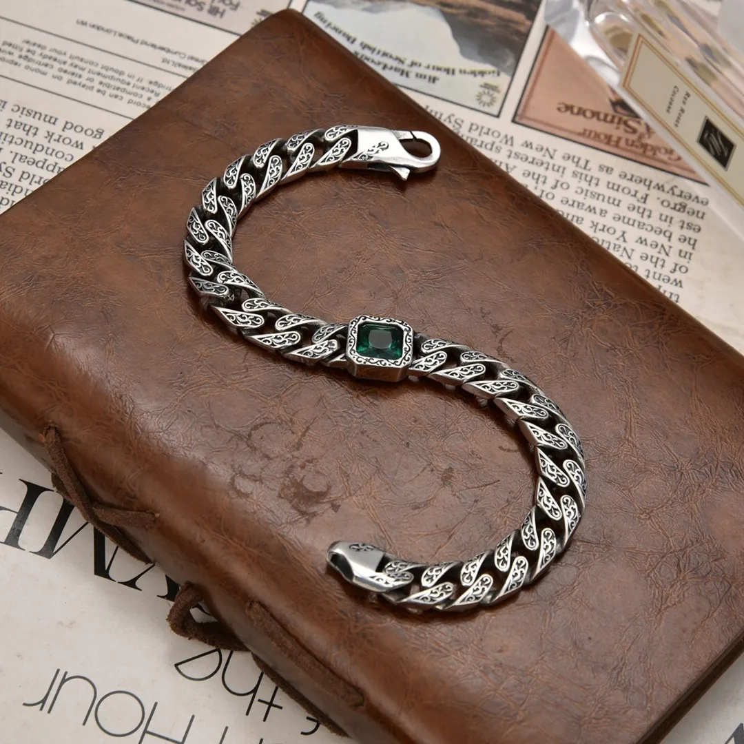 Ethnic style S925 sterling silver retro style personality trendy blue green gem tank Cuban bracelet for men and women