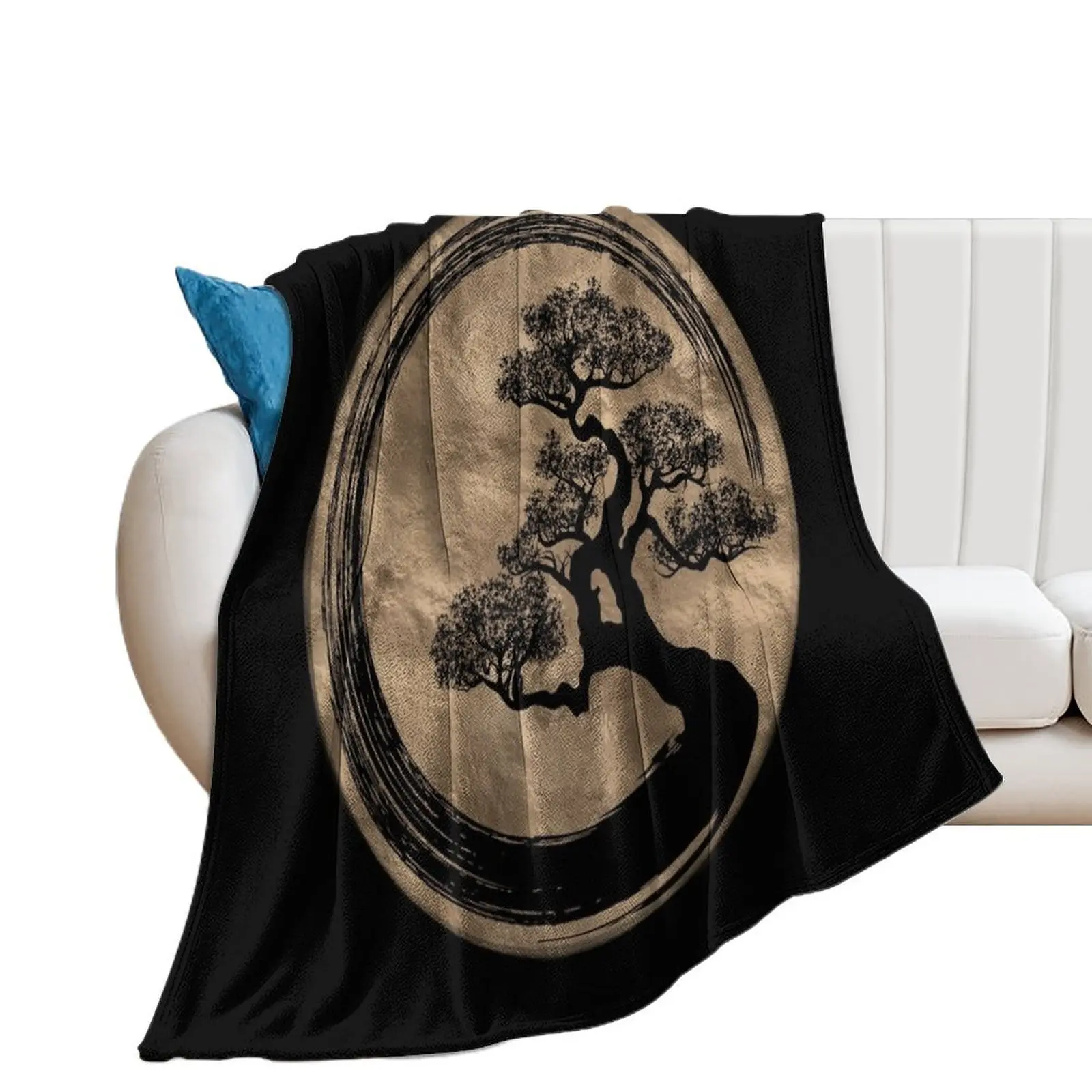 

Enso Zen Circle and Bonsai Tree Gold Throw Blanket Sofas Travel Blankets