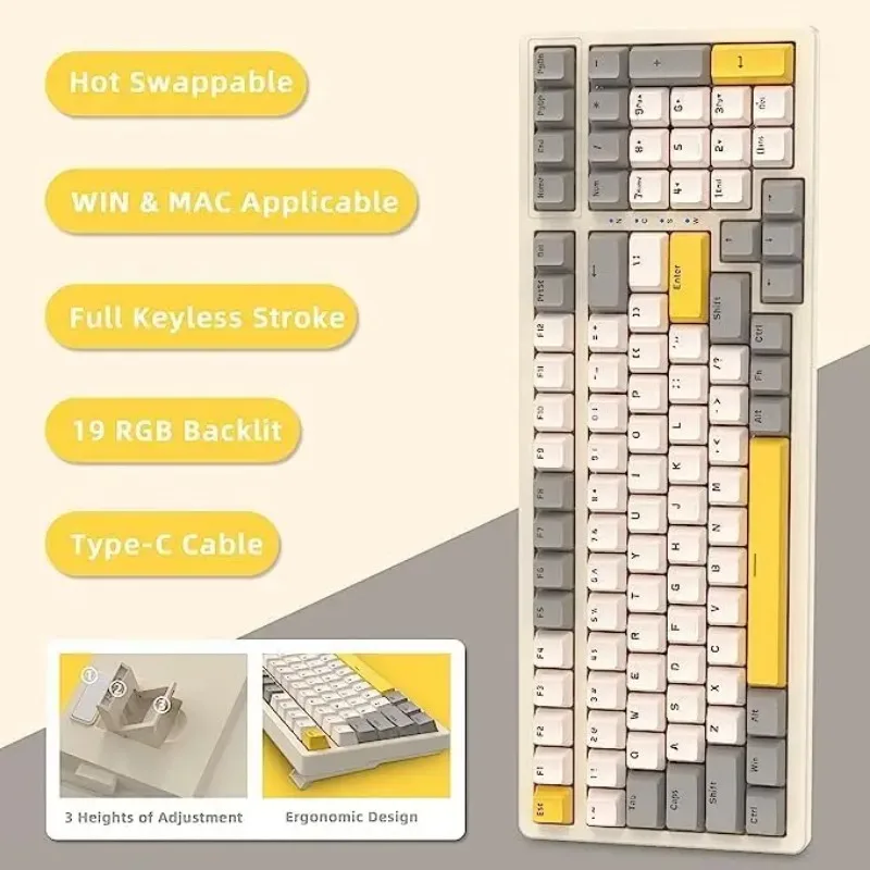 LOERSS-Teclado mecánico K3 para juegos con cable, 98 teclas intercambiables en caliente, montaje de junta RGB, Panel de Metal Retro antighosting para PC/Mac