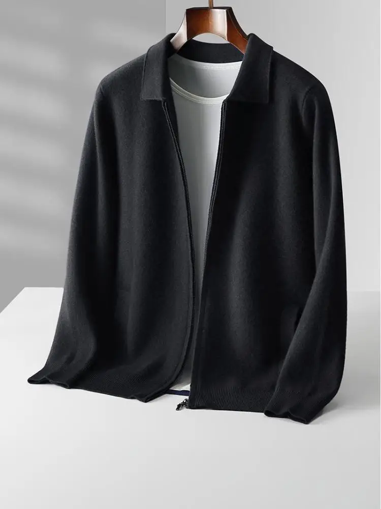 Autumn Winter 100% Merino Wool Men Sweater Thick Warm Polo Collar Zip Cardigan Jacket New Business Casual Cashmere Knitted Coat