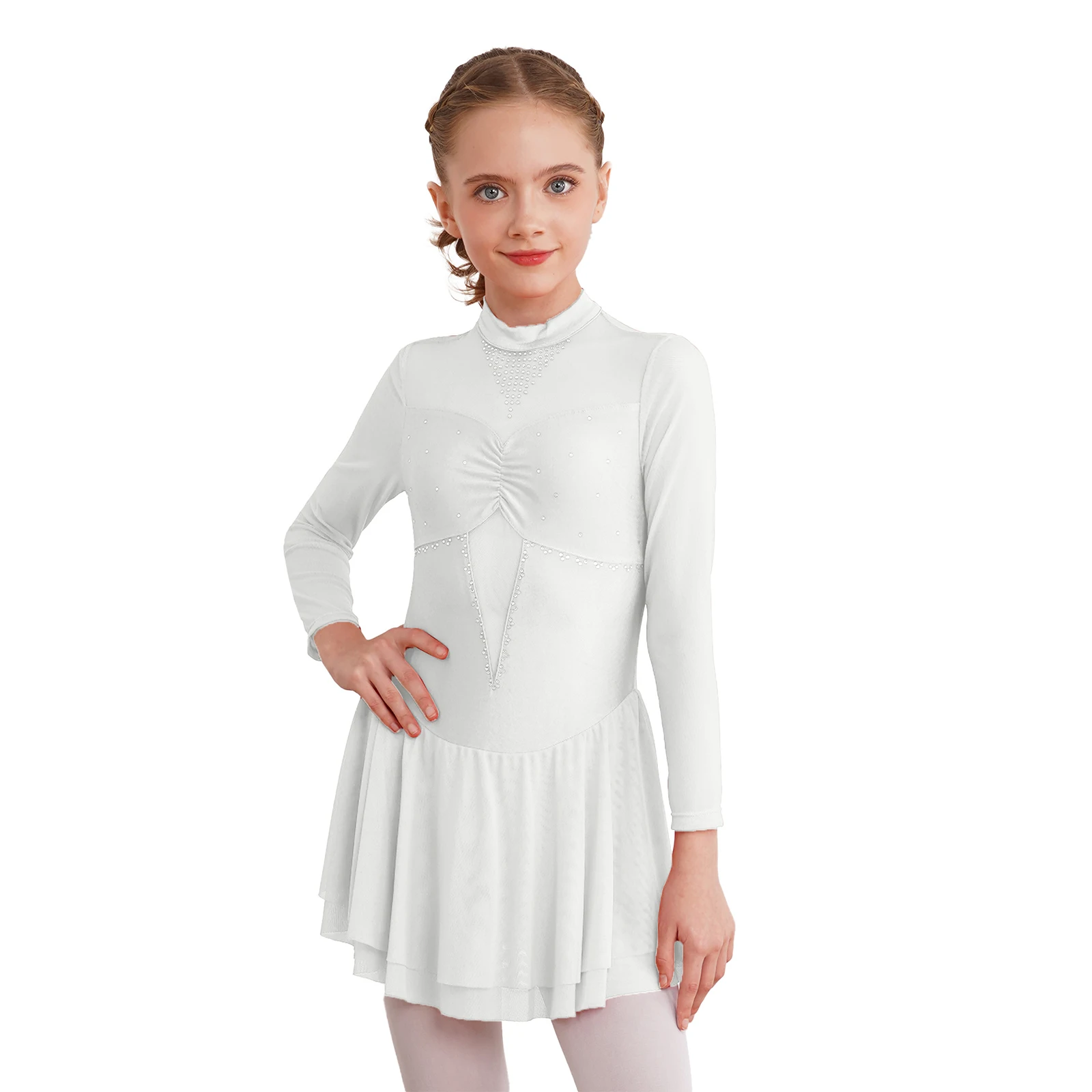 Kids Girls Ballet Tutu Dance Dress Long Sleeve Shiny Rhinestone Patchwork Figure Skating Gymnastics Leotard Ballroom Dancewear