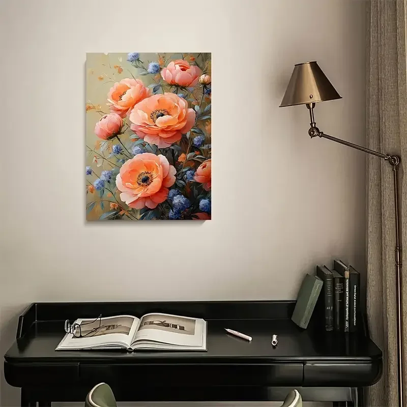 1pc Paint by Numbers Kit with No Frame - 11.8x15.7 Inch (30x40cm) Pink & Peach Peonies on Beige, Numbered Pre-Printed Canvas, Ea