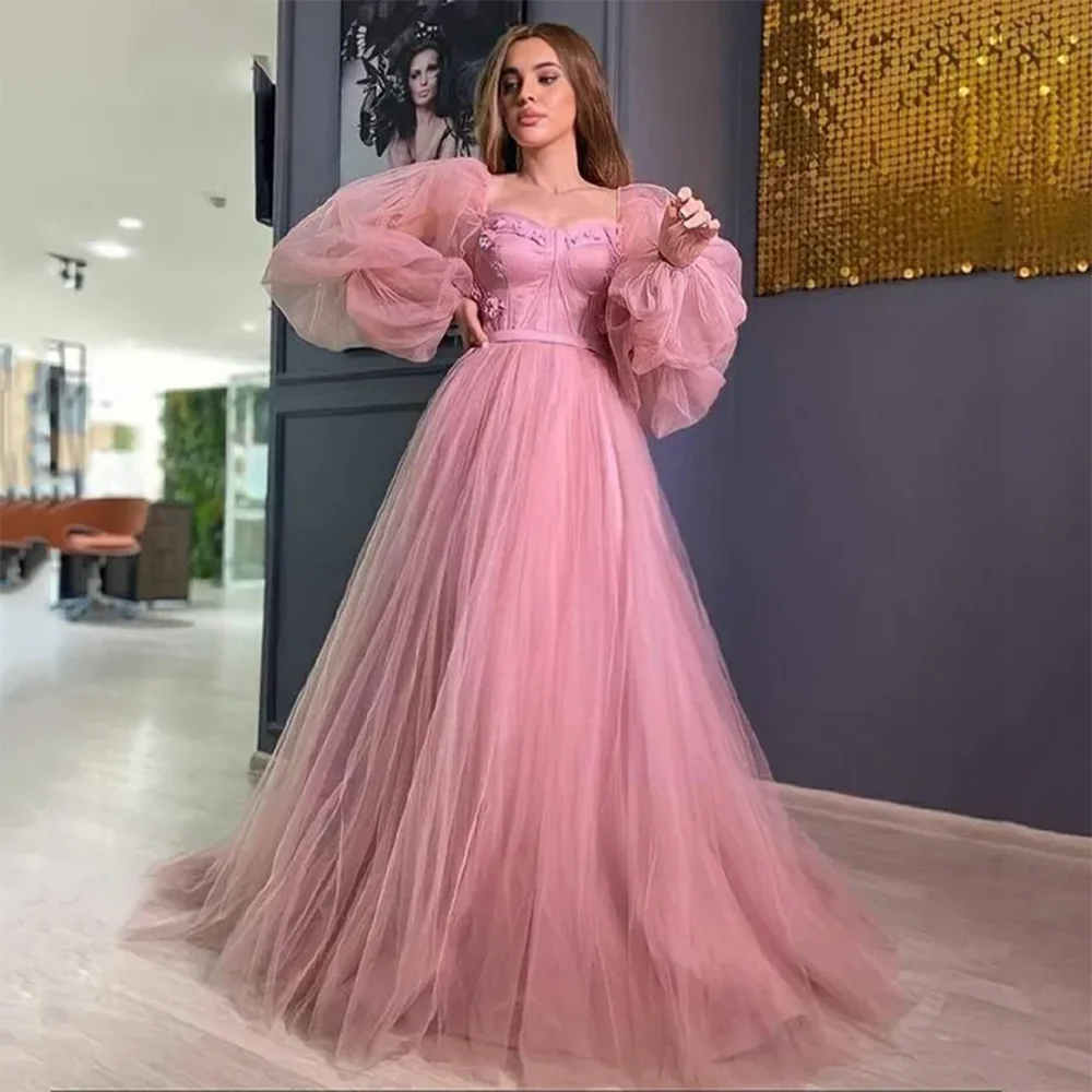 Hot Pink A Line Tulle Prom Dresses Puff Long Sleeves 3D Flowers Women Evneing Formal Gowns Outfits Event Party Gowns Customized